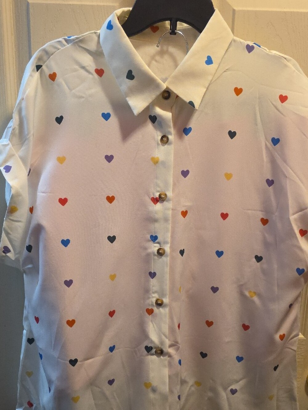 White Button-Up Shirt with Multi-Color Heart Print